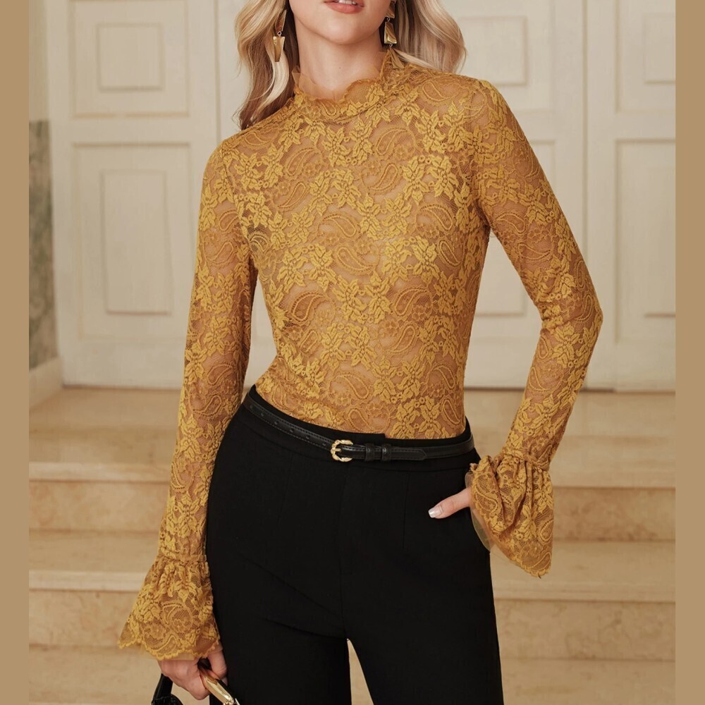 Mustard Yellow Sheer Paisley Lace Stand Collar Bell Long Sleeve Top Tee